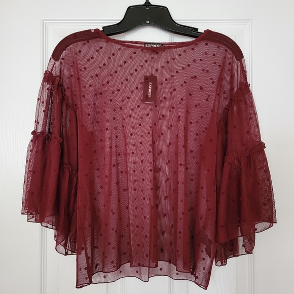 NWT Express Mesh Maroon Ruffle Sleeve Top - Picture 4 of 6